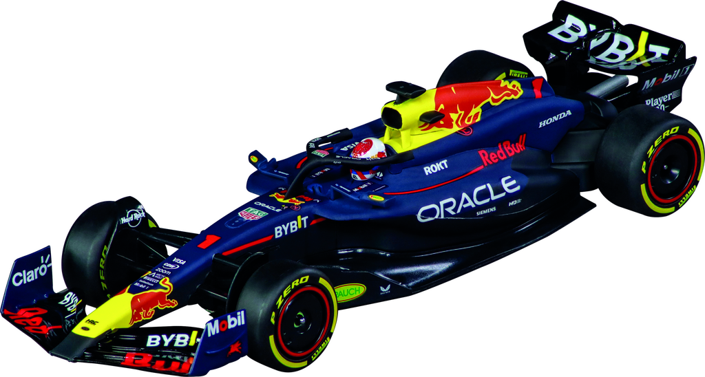 Oracle Red Bull Racing RB20 von Max Verstappen mit No.1, dunkelblauer Formel-1-Lackierung und Red-Bull-Logos.