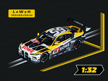 Gelb-schwarzer BMW M4 GT3 No.99 mit ROWE-Design, großer Startnummer 99 und markantem Heckflügel auf schwarzem Hitnergrund.