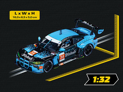 Schwarzer BMW M4 GT3 No.34 mit Walkenhorst-Design, hellblauen Akzenten und großem GT3-Heckflügel vor schwarzem Hintergrund.
