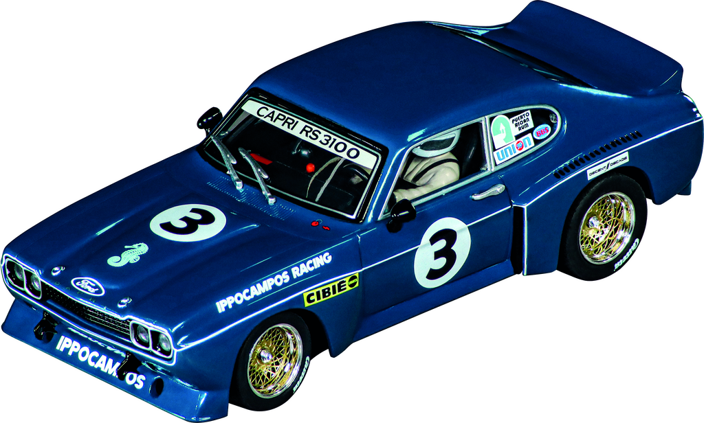 Ford Capri RS 3100 in Blau mit der Startnummer 3, ausgestattet mit Racing-Details und Goldfelgen.