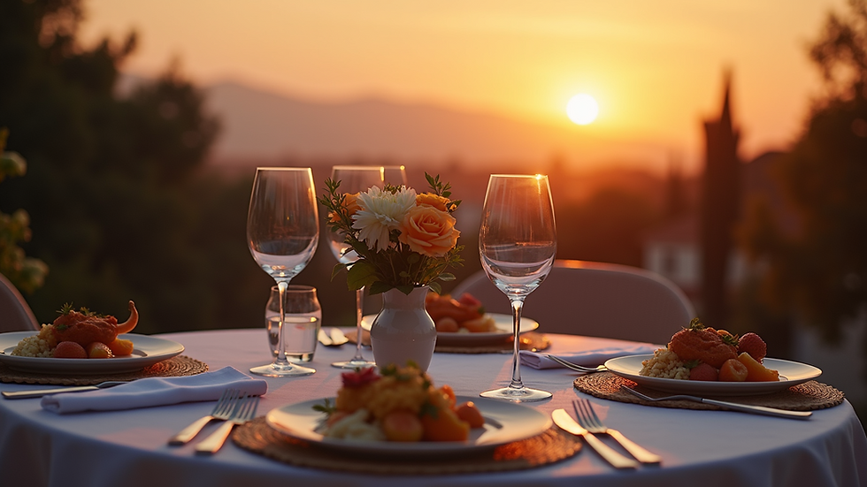 Eye-level view of a scenic sunset dinner set on a terrace