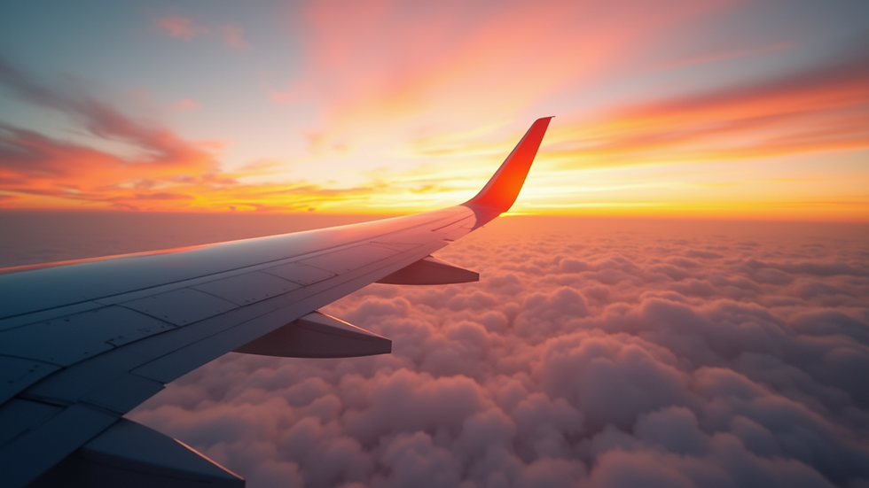 High angle view of an airplane wing flying over clouds during sunset