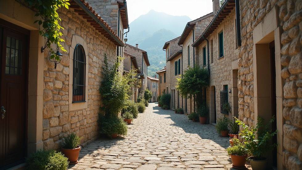 Eye-level view of a quiet medieval village street with stone houses