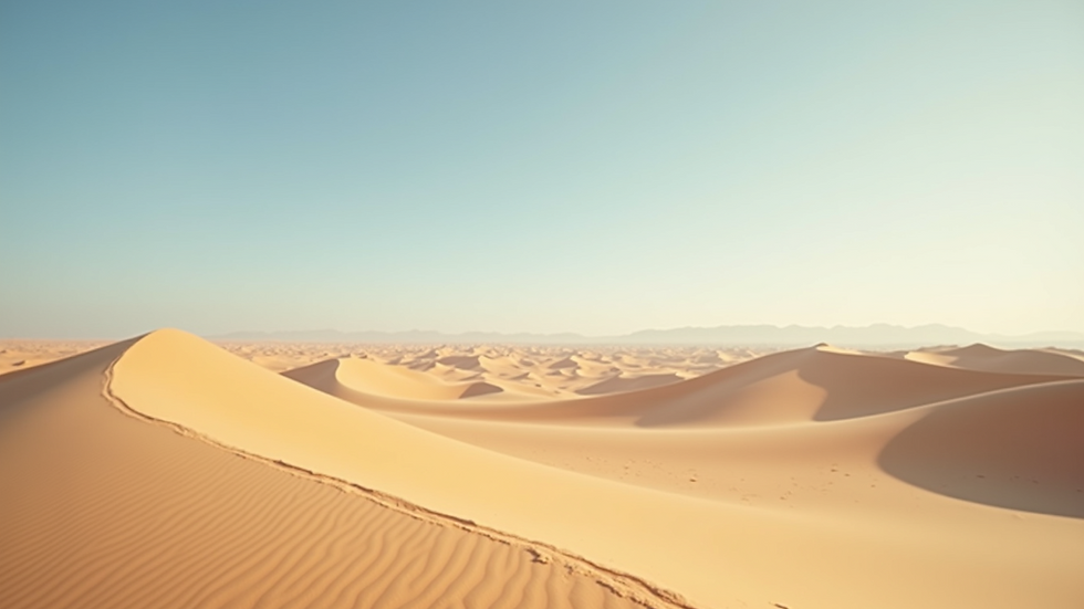 Wide angle view of a vast desert landscape with sand dunes under a clear sky