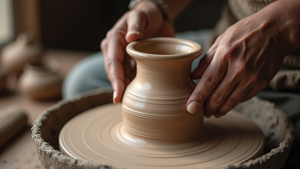 Close-up view of traditional pottery being crafted by a local artisan