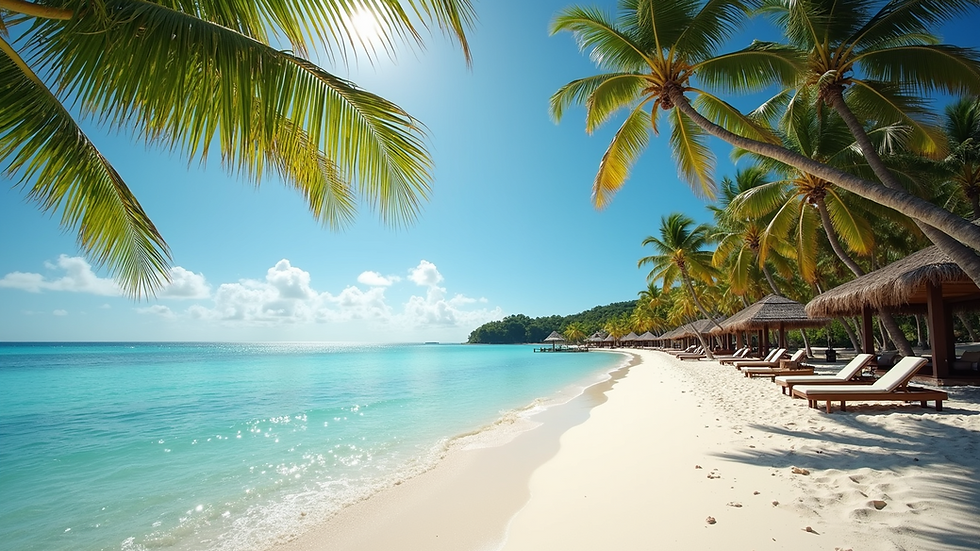 Eye-level view of a tropical beach resort with palm trees and clear blue water