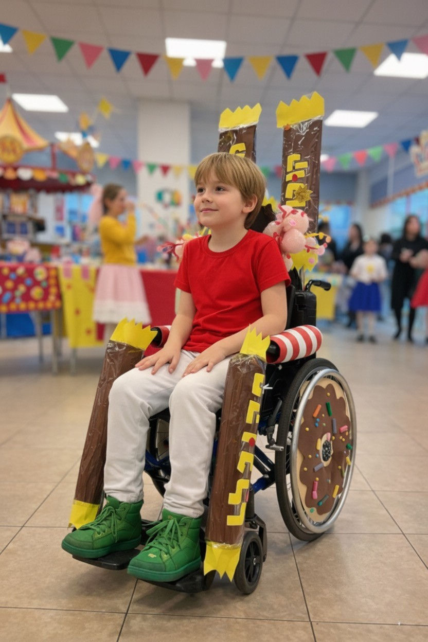 ילד מחופש יושב על כיסא גלגלים