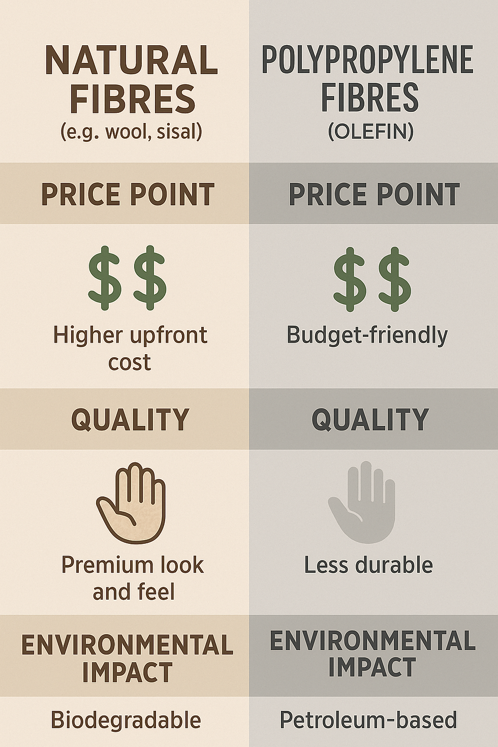 A comparison of natural fibres versus polypropylene. Comparing the two extremes of residential carpets.