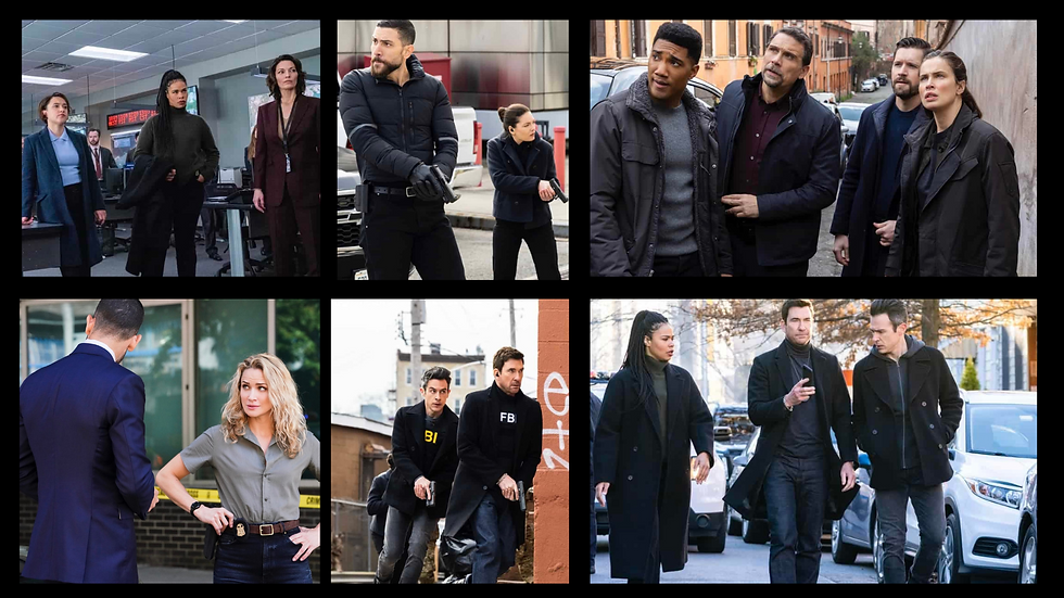 Collage of detectives in suits and casual attire, discussing, strategizing, and investigating in urban and indoor settings. Intense expressions.
Photos are all from the 2023 crossover on the FBI universe.