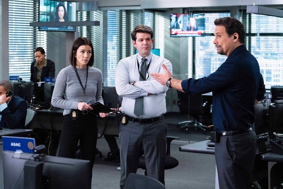 FBI Season 5 Episode 13 image “Protégé” – The team investigates the murder of a professional informant after he’s found dead outside an abandoned factory in Red Hook. Also, Maggie reconnects with an old colleague and mentor (Joelle Carter), on the CBS Original series FBI, Tuesday, Feb. 14 (8:00-9:00 PM, ET/PT) on the CBS Television Network, and available to stream live and on demand on Paramount+. Pictured (L-R): Vedette Lim as Elise Taylor, Taylor Anthony Miller as Kelly Moran, and Jeremy Sisto as Assistant Special Agent in Charge Jubal Valentine. Photo: Bennett Raglin/CBS ©2023 CBS Broadcasting, Inc. All Rights Reserved.