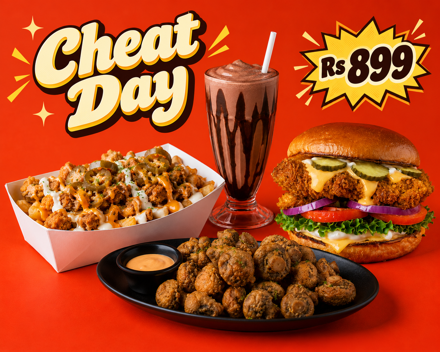 Cheat Day combo promotional image with burger, loaded fries, Aussie Shrooms and a milkshake.
