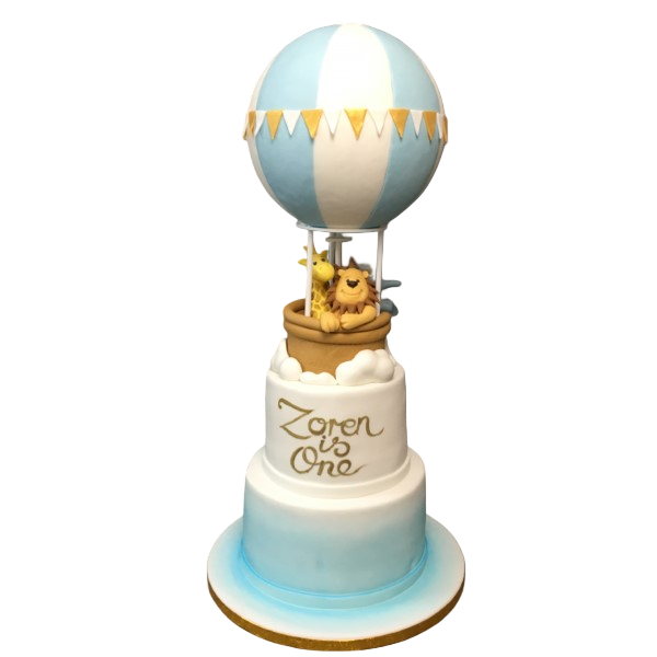 Bespoke celebration cake in Solihull, West Midlands featuring colorful balloon decorations and personalized name topper.