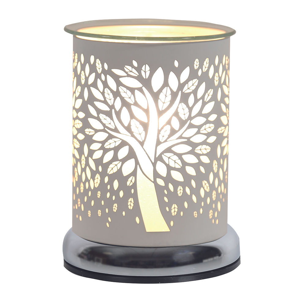 Illuminated gray tree design wax melt warmer.