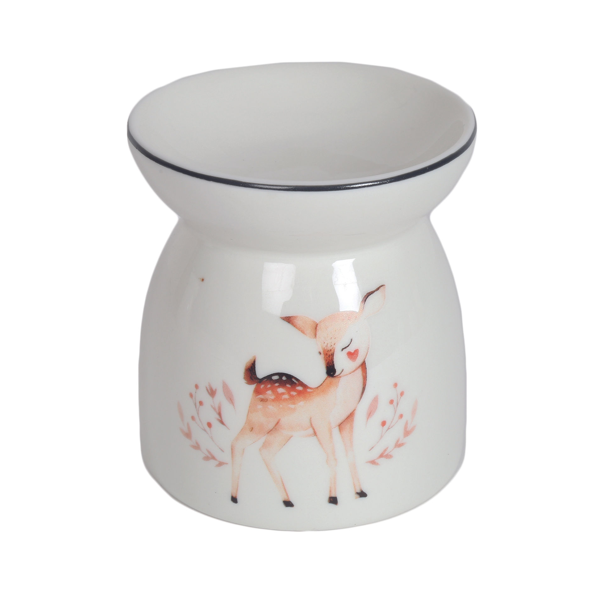 White ceramic deer wax melter with deer illustration for home fragrance.