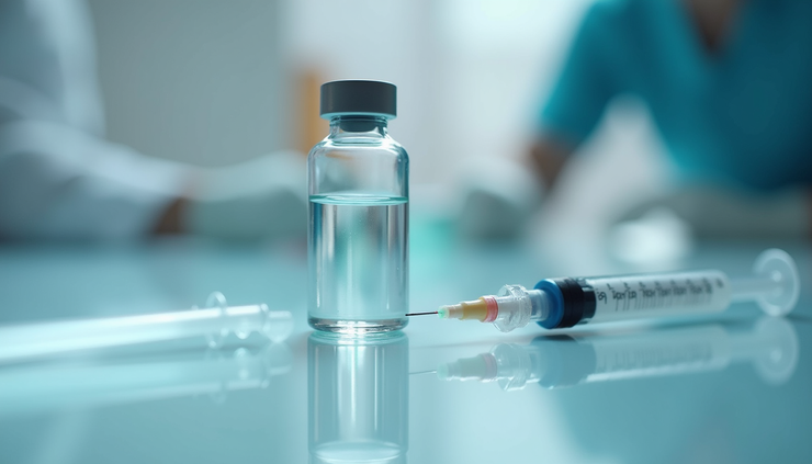 Close-up view of a laboratory vial containing a clear liquid with a syringe nearby
