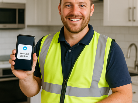 A smiling male tradesperson wearing a hi-vis vest and tool belt stands in a modern white kitchen. He proudly holds up a smartphone displaying a "New Job Booked!" notification. Bold text above reads "Tired of Waiting for Work?" and below reads "We Bring the Customers. You Bring the Tools."