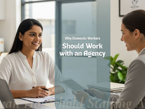 Domestic worker meeting with staffing agency representative in a professional office, discussing job placement, secure employment, and career opportunities in domestic work