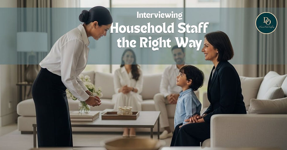 Family interviewing professional household staff in a luxury GCC home. By Docean Household Staffing.