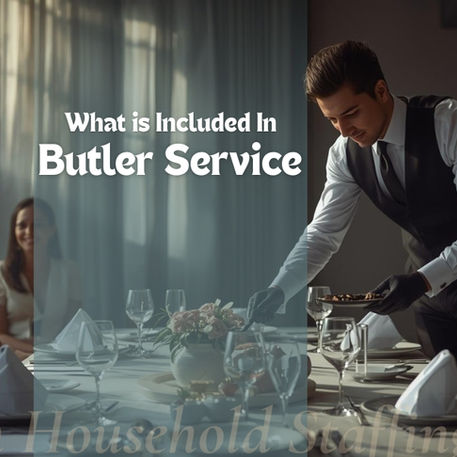 Professional butler serving food at a luxury dining table for guests in a modern home, demonstrating premium butler service, fine dining setup, and personalized household assistance in Dubai