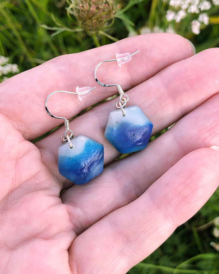 Blue and White Small Hexagon Earrings
