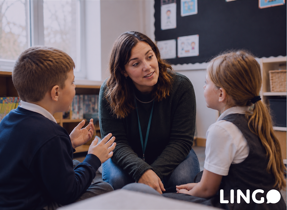 Primary school children taking part in a small-group discussion as part of oracy in schools.