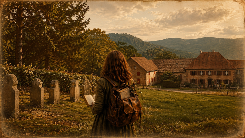 Jeune femme regardant le cimetière et la ferme mennonites de Salm