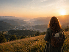 Jeune femme qui regarde la Vallée de la Bruche sous un coucher de soleil