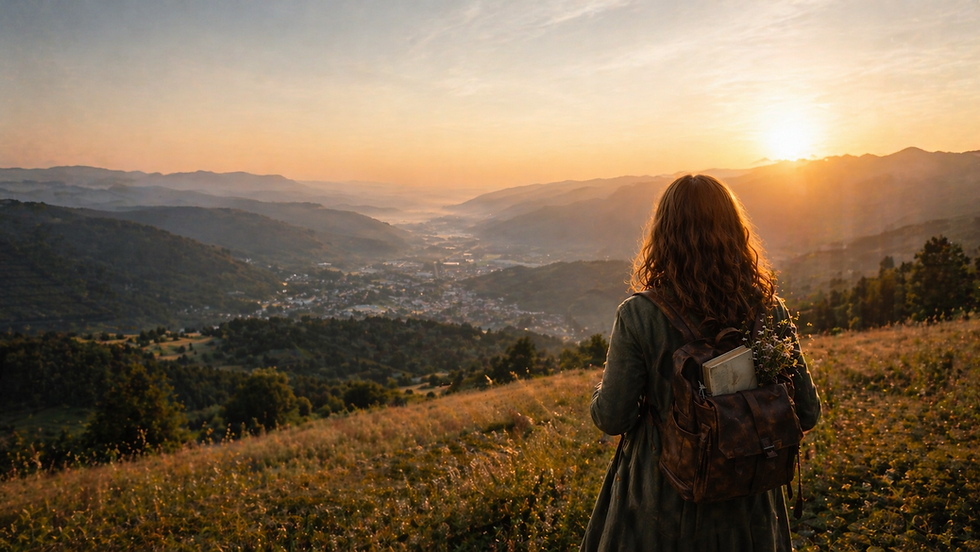 Jeune femme qui regarde la Vallée de la Bruche sous un coucher de soleil