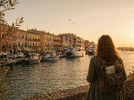 Jeune femme sur un quai à Sète, lors d'un coucher de soleil