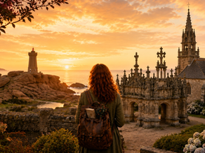 Jeune femme en Bretagne avec la côte de granit rose et un enclos paroissial