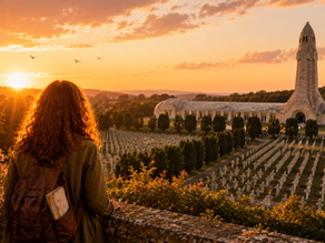 Jeune femme à Verdun devant l'ossuaire de Douaumont