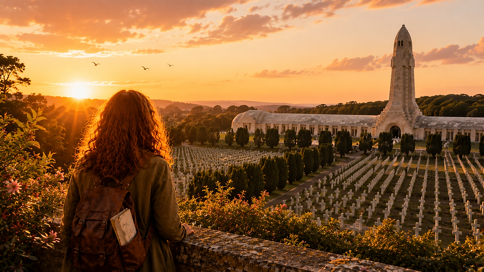 Jeune femme à Verdun devant l'ossuaire de Douaumont