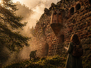 Jeune femme qui regarde un homme travailler au château du Landsberg