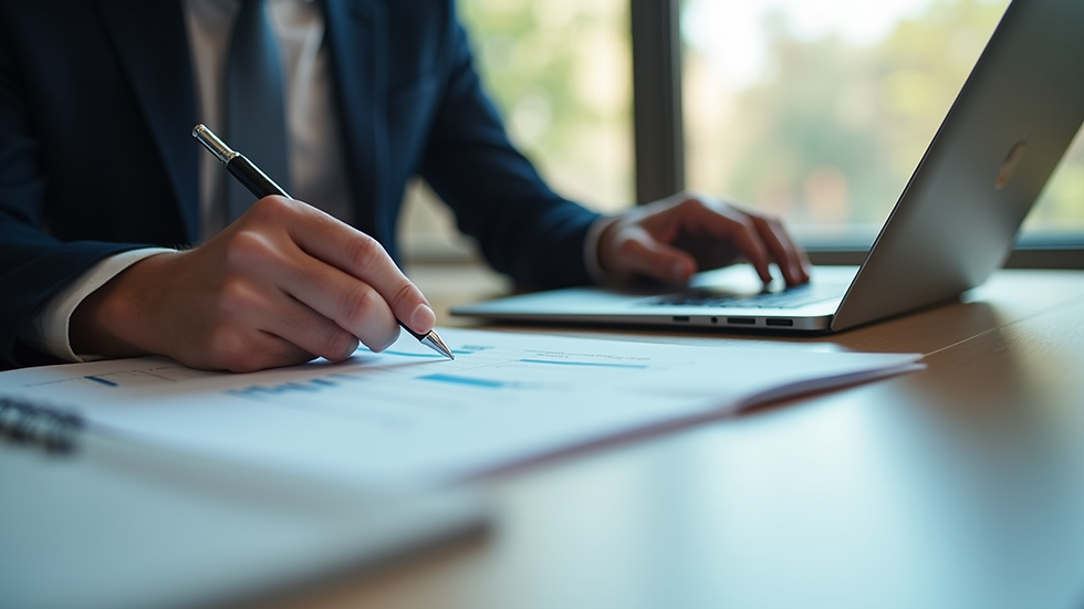Eye-level view of a person reviewing a business plan with a laptop