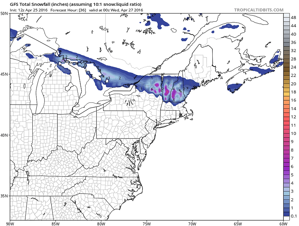 GFS Snowfall Forecast Through 8 PM Tuesday