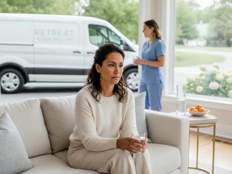 A tired adult sits in a bright, upscale home holding a glass of water, with a mobile wellness vehicle visible outside, illustrating dehydration symptoms and nurse-led hydration support from Retreat Mobile IV Hydration.