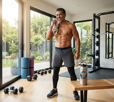 Man exercising with dumbbells in home gym, illustrating vitality and performance optimization benefits of Men's Vitality Infusion at Retreat Mobile IV Hydration.