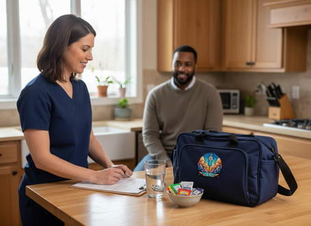 Nurse-led hydration education with medical carry case (Retreat Mobile IV Hydration) and electrolyte packets on kitchen counter