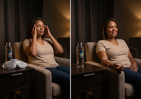 Woman before and after migraine relief, representing fast headache and symptom recovery from Migraine Rescue Infusion at Retreat Mobile IV Hydration.