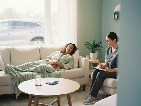 A nurse reviews an intake form with a tired but stable adult at home, illustrating mobile IV hydration support in Southwest Ohio.