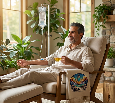 Man receiving Myers' Cocktail IV infusion, illustrating classic all-in-one wellness and recovery support at Retreat Mobile IV Hydration.