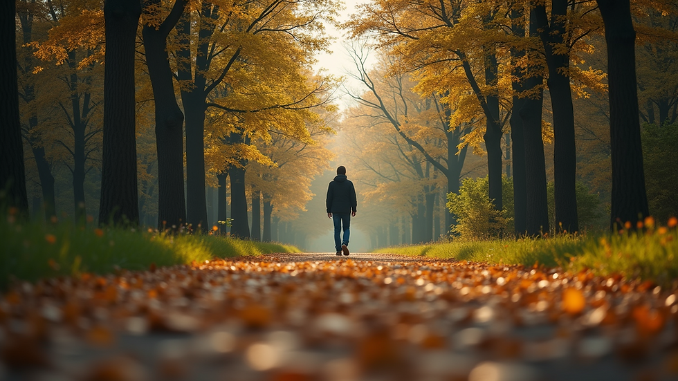 Eye-level view of a person walking on a scenic path surrounded by trees