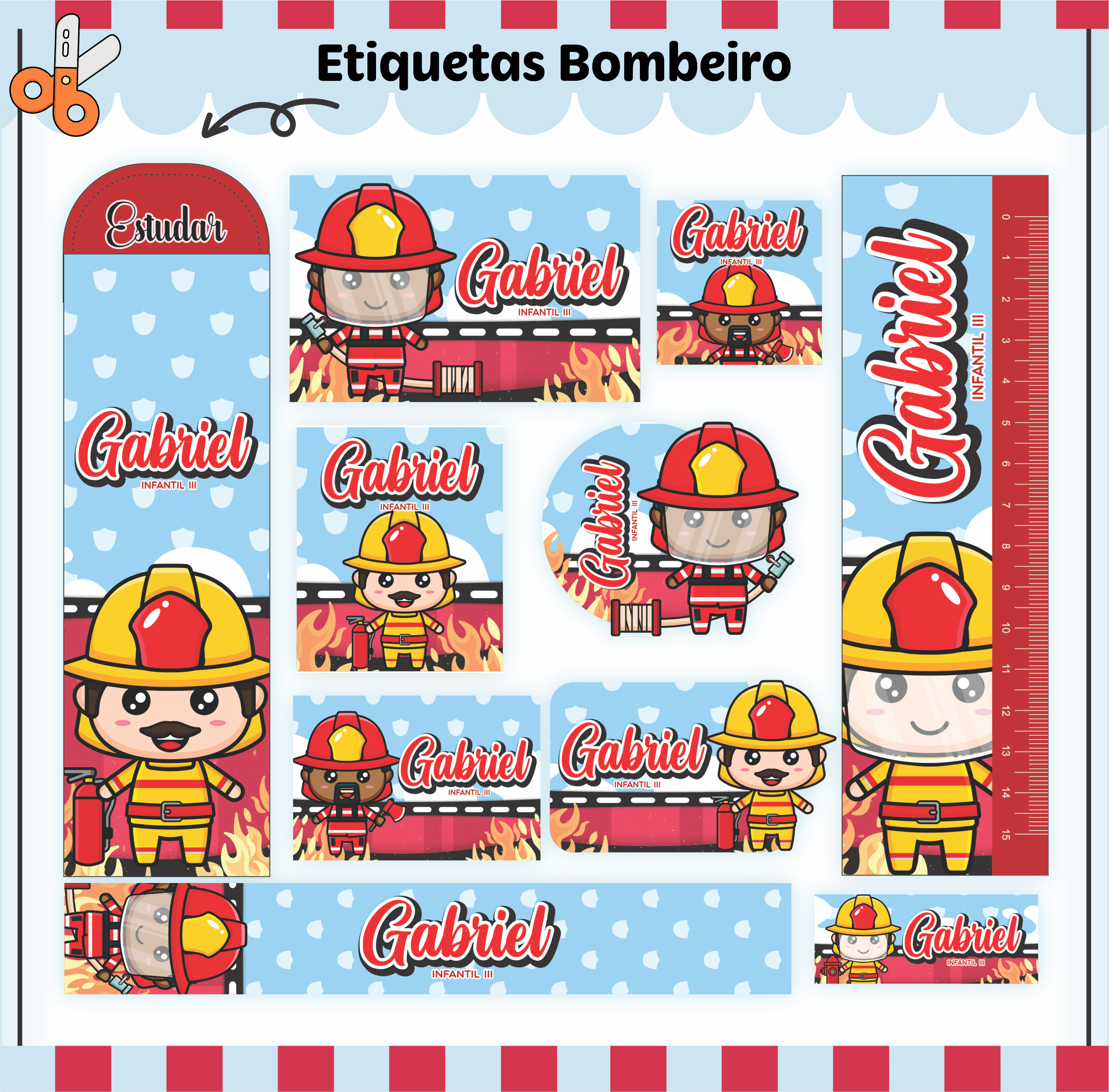 Kit Etiquetas escolar personalizadas tema Bombeiro