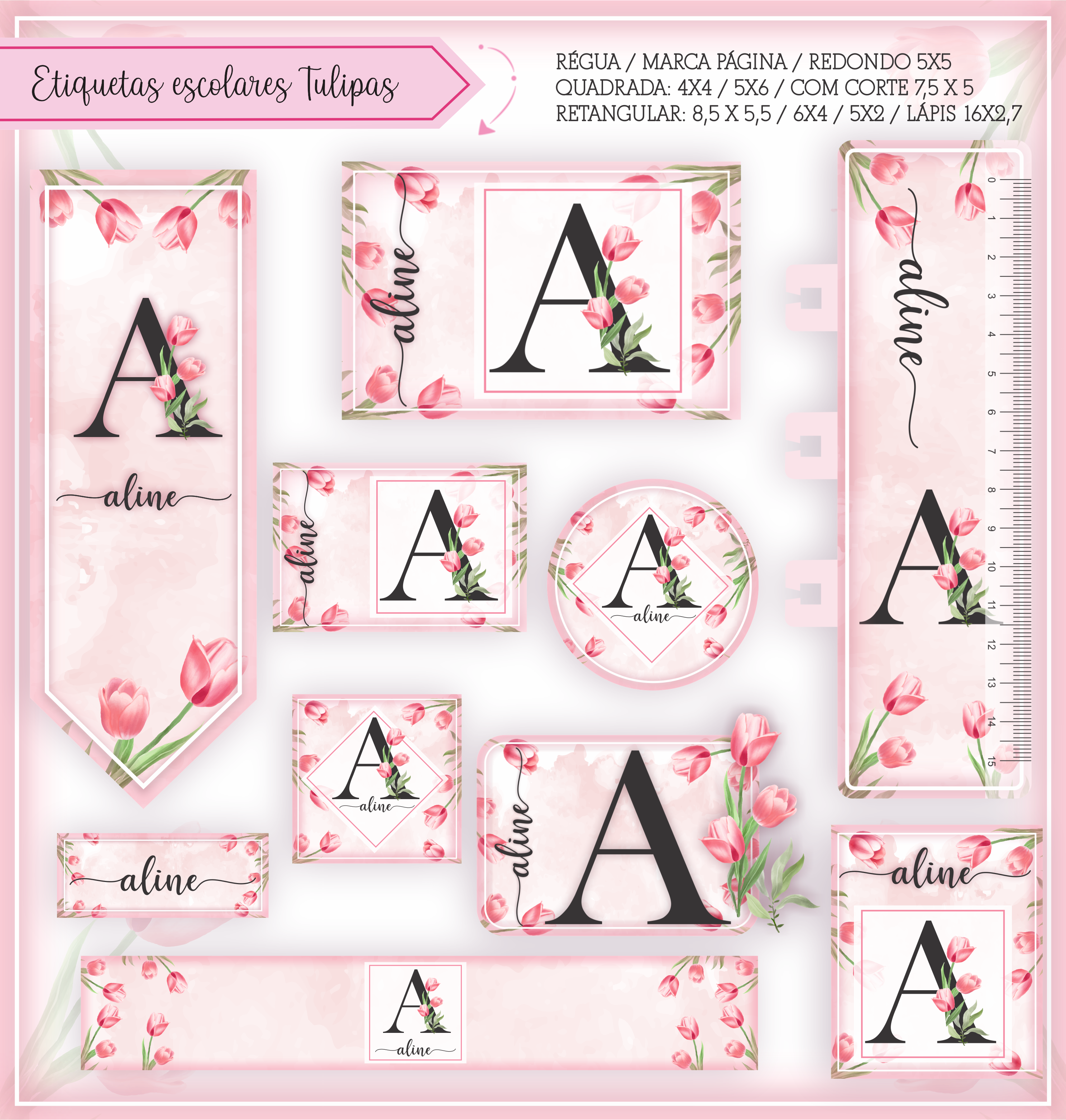 Kit Etiquetas escolar personalizadas tema Tulipas