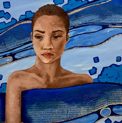 Original oil & acrylic painting of a woman in an abstract water background with silver leaf.