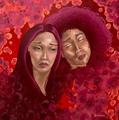Original oil & acrylic painting of two women within abstract flowers.
