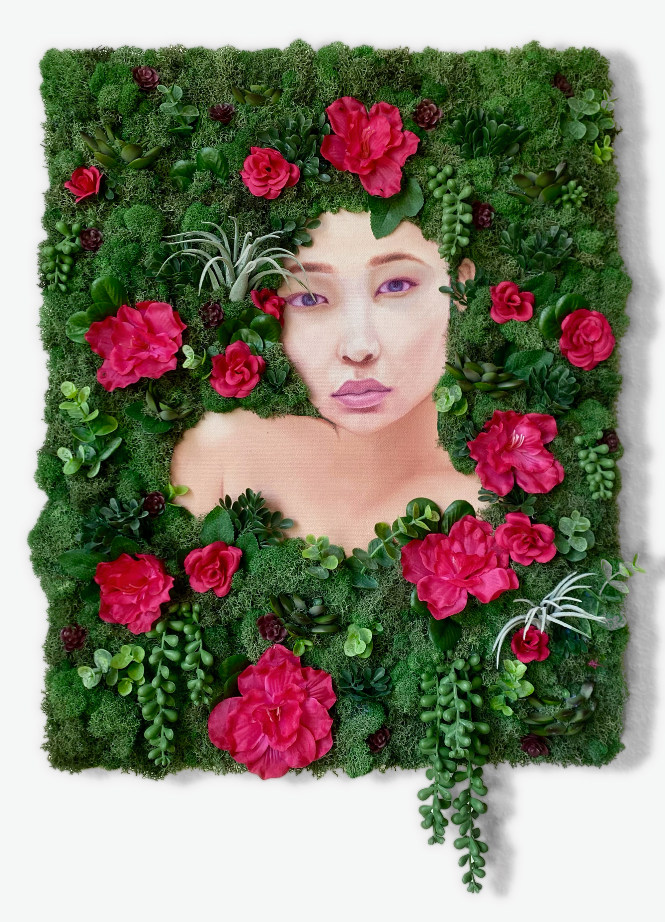 Original oil painting with 3D adornments. Woman in a floral background.