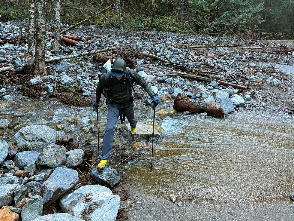 Crossing Oakes Creek via the washed out road