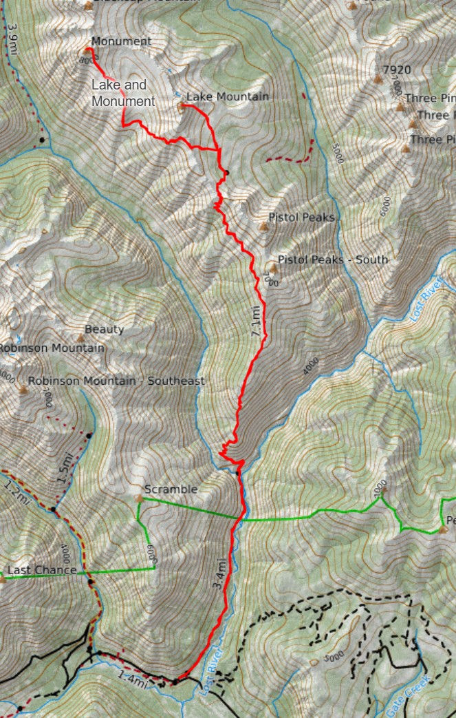 Map showing hiking route information