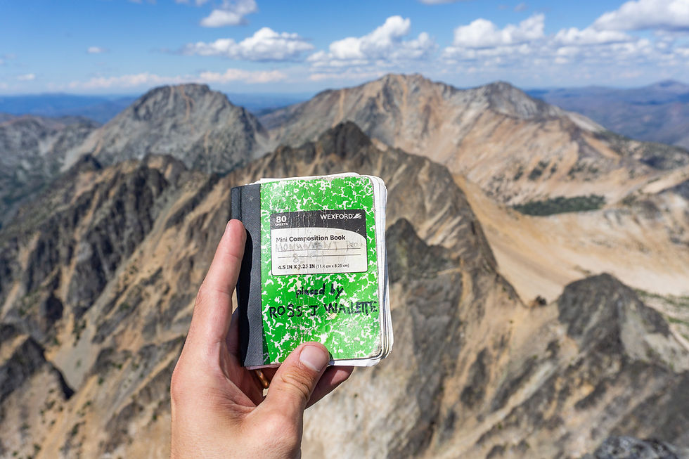 Hand holding a green mini composition book with text, against a backdrop of rugged mountain peaks under a clear, cloudy sky.